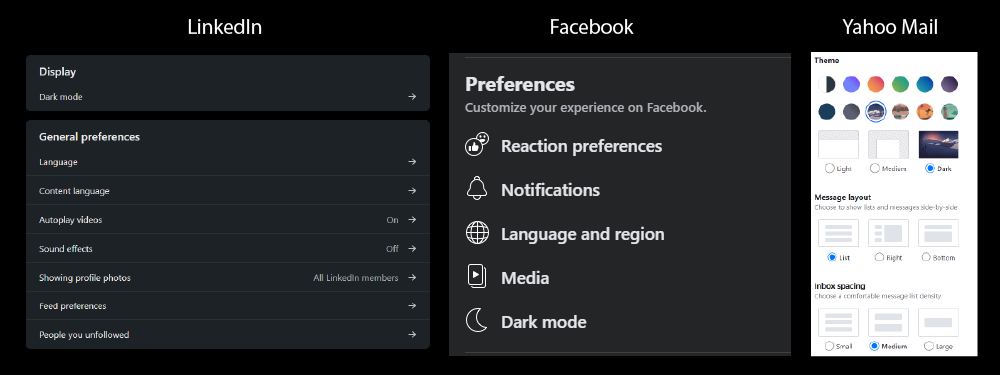 Comparison of LinkedIn, Facebook and Yahoo Mails Setting Pages
